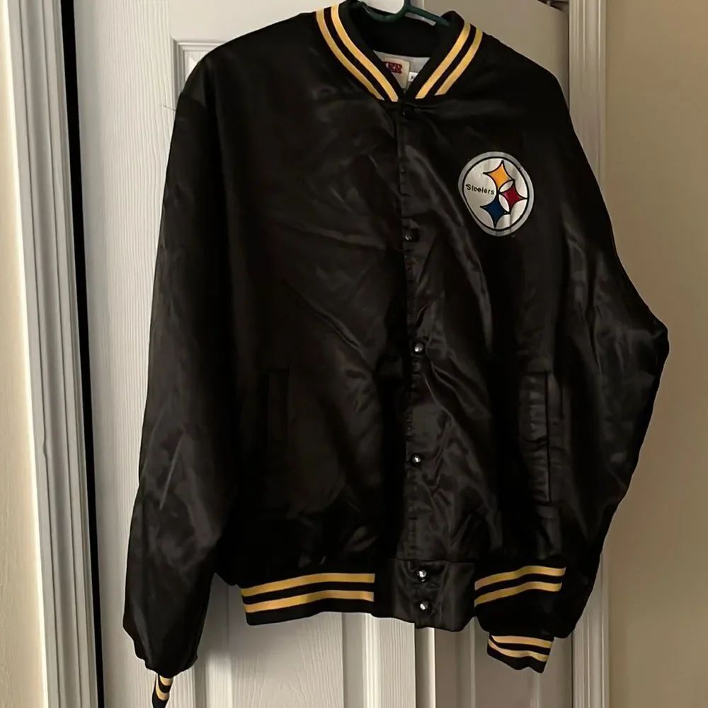 Vintage NFL Pittsburgh Steelers Locker Line Black Satin Bomber Snap Up Jacket- X